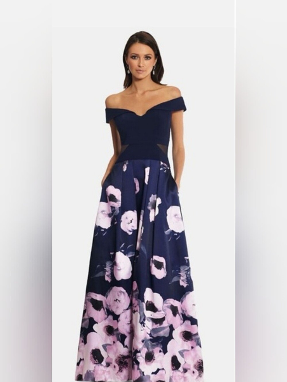 X By Xscape Floral Mesh-Inset Ball Gown Off The Shoulder 12 Petite